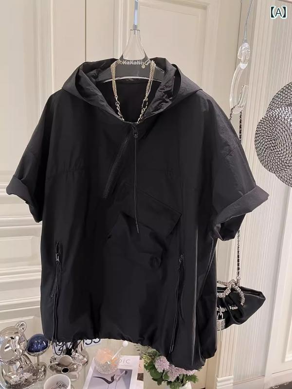 快適 涼しい パーカー 太い mmの 大きいサイズ 300 斤のの 商品 フード付き 半袖 日焼け防止 レディース 夏の 不規則な Tシャツ トップ