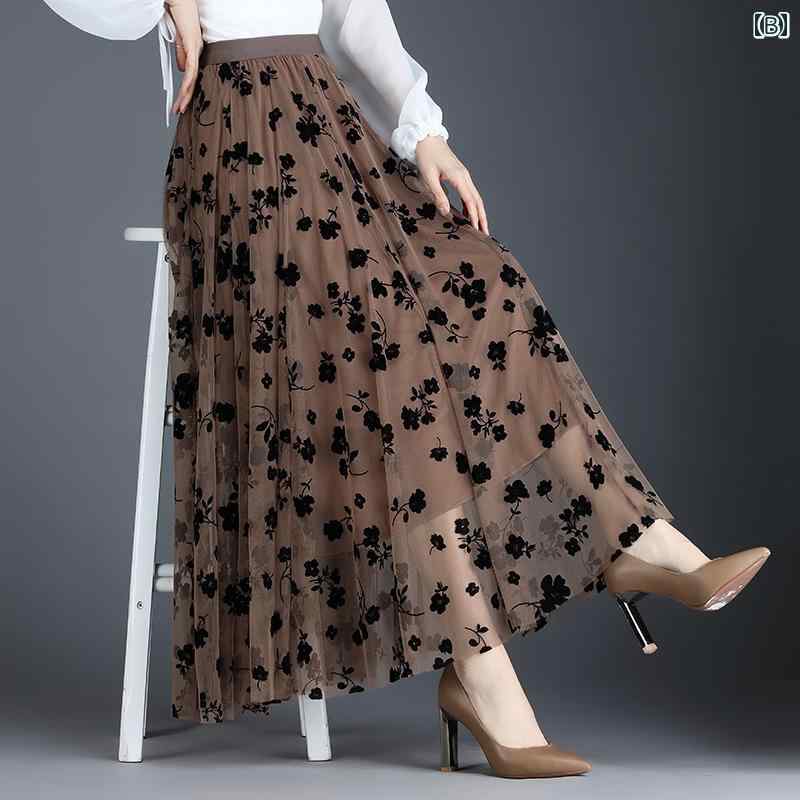 チュールスカート 快適 植 毛 メッシュ スカート レディース 秋 2024 ハイウエスト プリーツスカート a ライン ドレープ ロング 黒 大きい 裾 ガーゼ