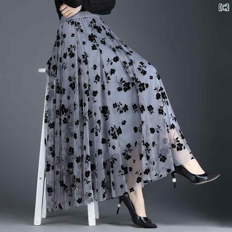 チュールスカート 快適 植 毛 メッシュ スカート レディース 秋 2024 ハイウエスト プリーツスカート a ライン ドレープ ロング 黒 大きい 裾 ガーゼ