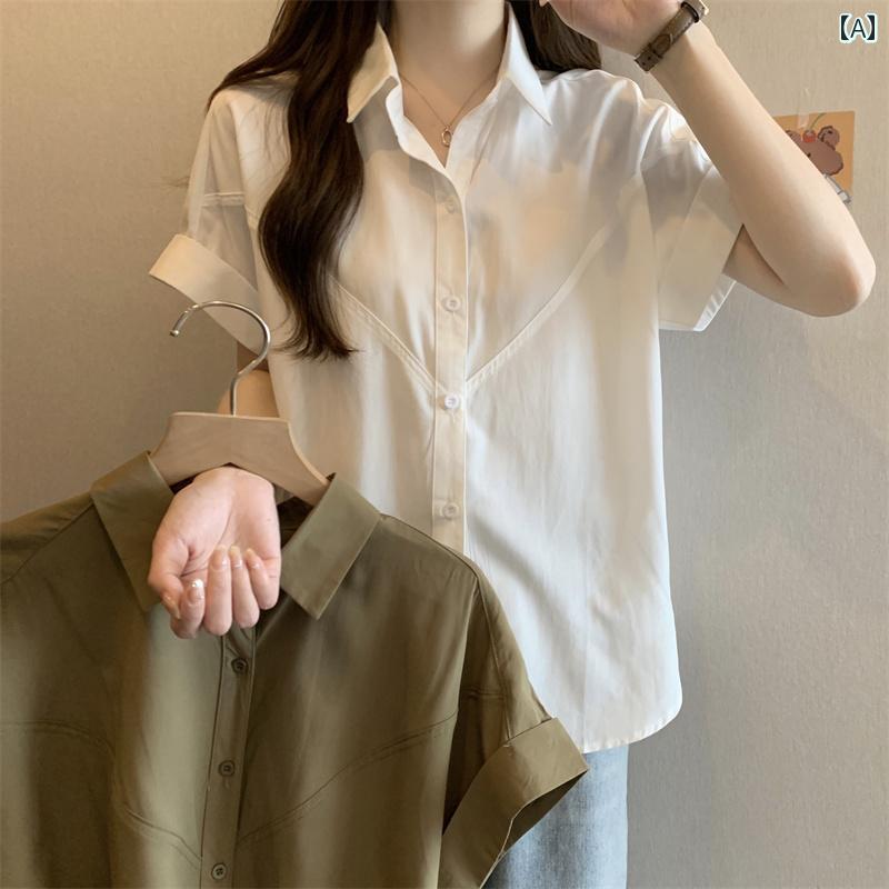 レディース 半袖シャツ かわいい 大きいサイズレディース 夏 ゆったり フレンチ ショルダー ホワイト 半袖 シャツ 太め mm 痩せ お腹 カバー ポロ カラー トップス(4)