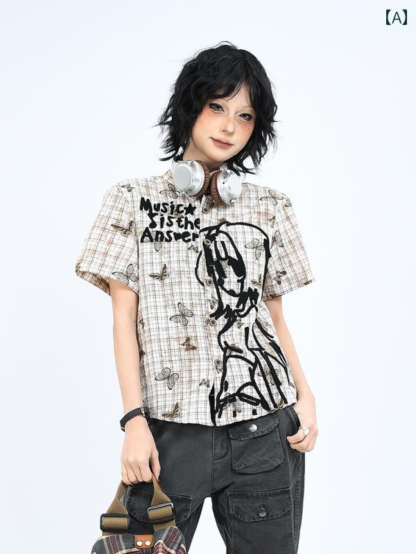 レディース 半袖 きれい OV 夏 アメリカン レトロ チェック 柄 ショルダー 半袖 シャツ 女性 コミック ..