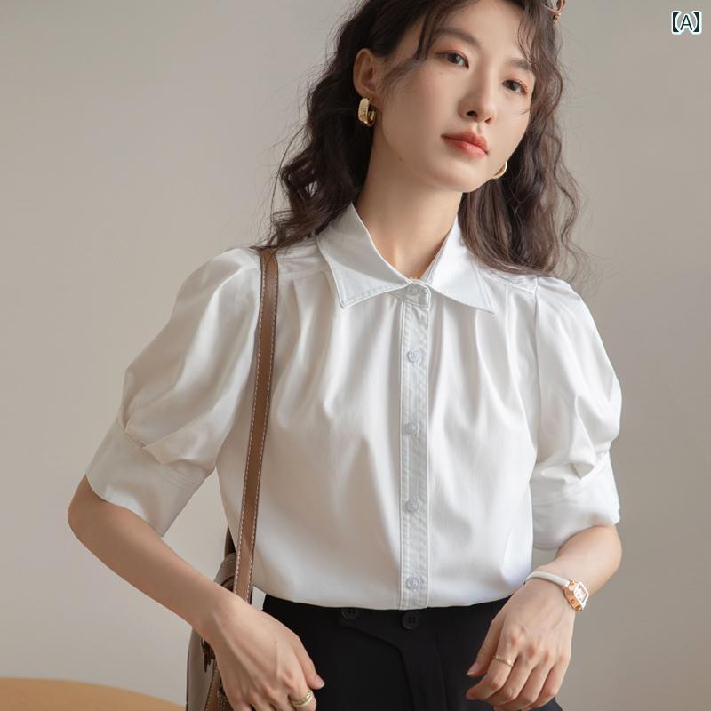 レディース 半袖シャツ かわいい フレンチ パフスリーブ ホワイト シャツ レディース 半袖 2025 夏 通勤 プロ 面接 フォーマル トップス