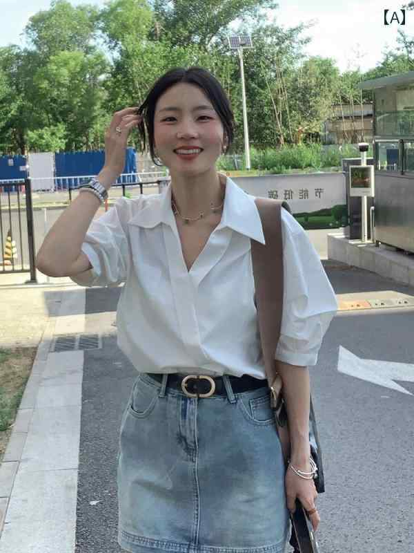 Rakuten - レディース 半袖 きれい フランスの 軽い 成熟 した Vネックの 白い 半袖 シャツ 夏の 女性用 ハイエンドの スタイリッシュな 通勤用 トップ