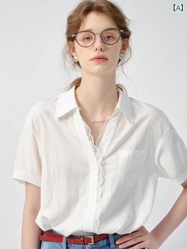 レディース 半袖 きれい 夏の レディース フランス 風の 白い 半袖 シャツ 風 レース ゆったり の 美しい プチ ブルジョアジー トップ