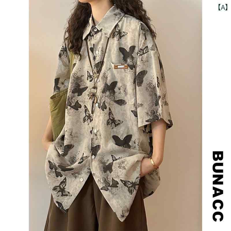 樂天商城 - レディース 半袖 きれい BUNACC 2025 夏 アメリカン レトロ 水墨 画 フル プリント 蝶 半袖 シャツ トップス レディース