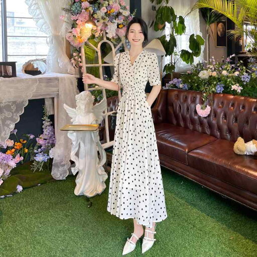 レディース ワンピース ロング丈 女性用 ホワイト 水玉 ドレス 2025夏 フレンチスタイル ウエスト 痩せ ジェントル スタイル レトロ Vネック 初恋 レディース ワンピース ロング丈 女性用 ホワイト 水玉 ドレス 2025夏 フレンチスタイル ウエスト 痩せ ジェントル スタイル レトロ Vネック 初恋