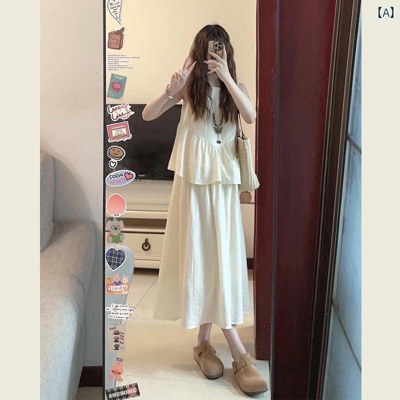 綺麗め 清楚 ワンホン チャイナ風 ツーピース ラウンドネックノースリーブ ベスト ドレス スーツ レディース 夏 クール 禅 aライン ロング スカート