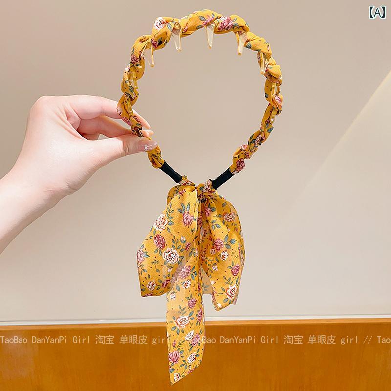 ヘア アクセサリー キッズ 子供用 ハイ スカルヘッド バンド 花柄 リボン 一 体型 編み込み ヘッド 女..