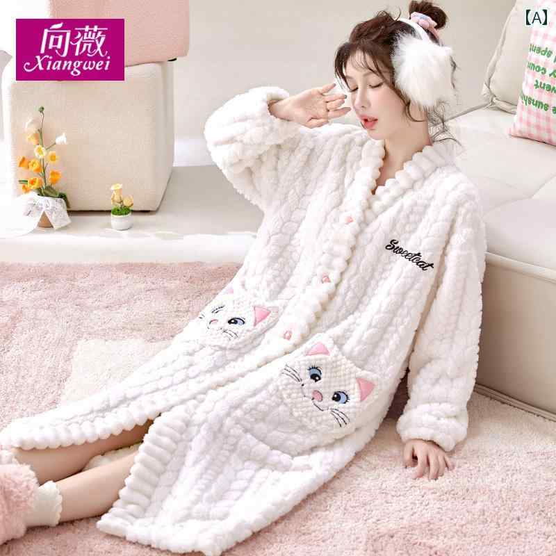 ガウン 快適 着心地 かわいい 猫のの 秋冬 裏起毛の 厚手 長い ナイトガウン Vネック レディース コーラ ルフ リース バスローブ ホームウェア