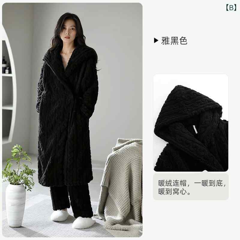 ガウン パジャマ 快適 着心地 パジャマ レディース ローブ 秋冬 スタイル コーラル フリース 厚手 裏起毛 フランネル ホームウェア フード付き ロング スーツ