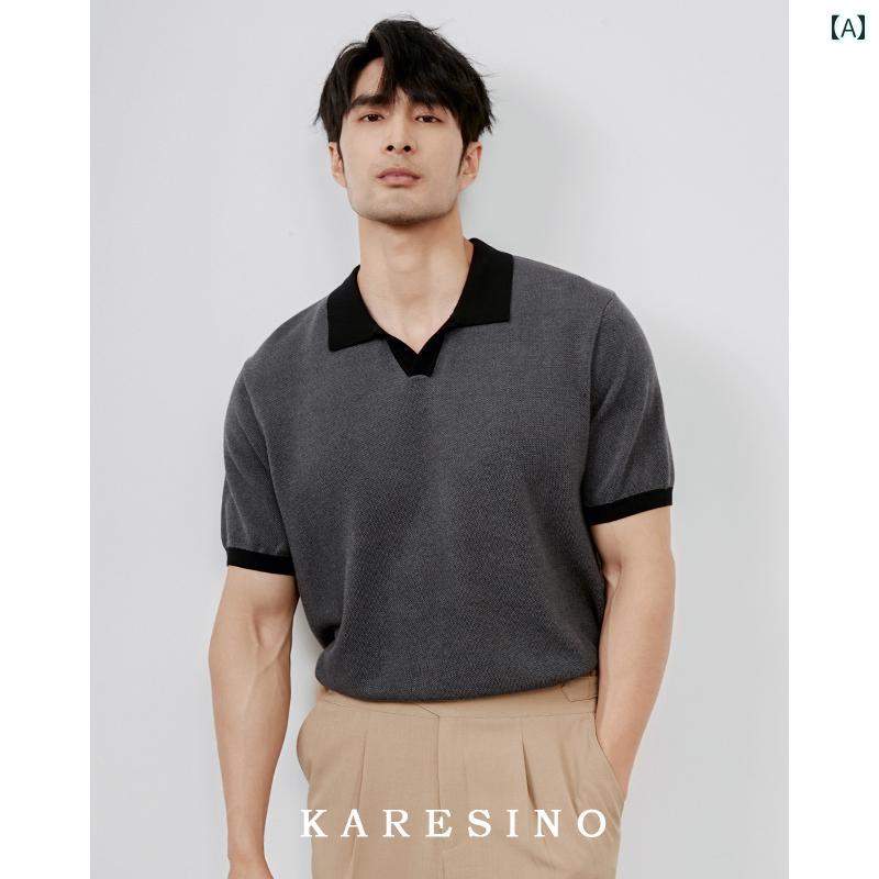 サマーニット 半袖ニット シンプル KARESINO 夏 通気性 コットン メンズニット ポロシャツ ビジネス カジュアル 半袖 メンズ Tシャツ
