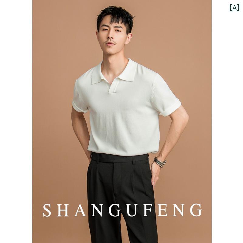 サマーニット 半袖ニット シンプル SHANGUFENG ニット Vネック ポロシャツ 無地 軽い 大人 レトロ 通勤 ベーシック Tシャツ メンズ 半袖 アメリカン スタイル