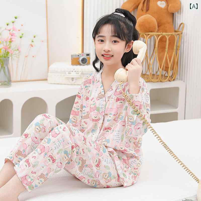 児童 寝巻き おしゃれ 児童用 子供用 コットンシルク パジャマ 夏 ティーンエイジャー ビッグ ガール 薄手 女の子 長袖 エアコン 家庭 服 スーツ