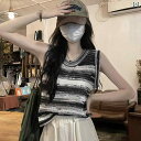 快適 ノースリーブ ニット 冷感 ニットキャミソール ベスト 女性用 2025夏 ストライプ ノースリーブベスト アウターウェア用 ホローカット