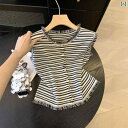 快適 ノースリーブ ニット シングルブレストの ラウンドネック タッセル ノースリーブ トップス。 レディース 夏用 ゆったり カジュアル 万能 薄手 ストライ...