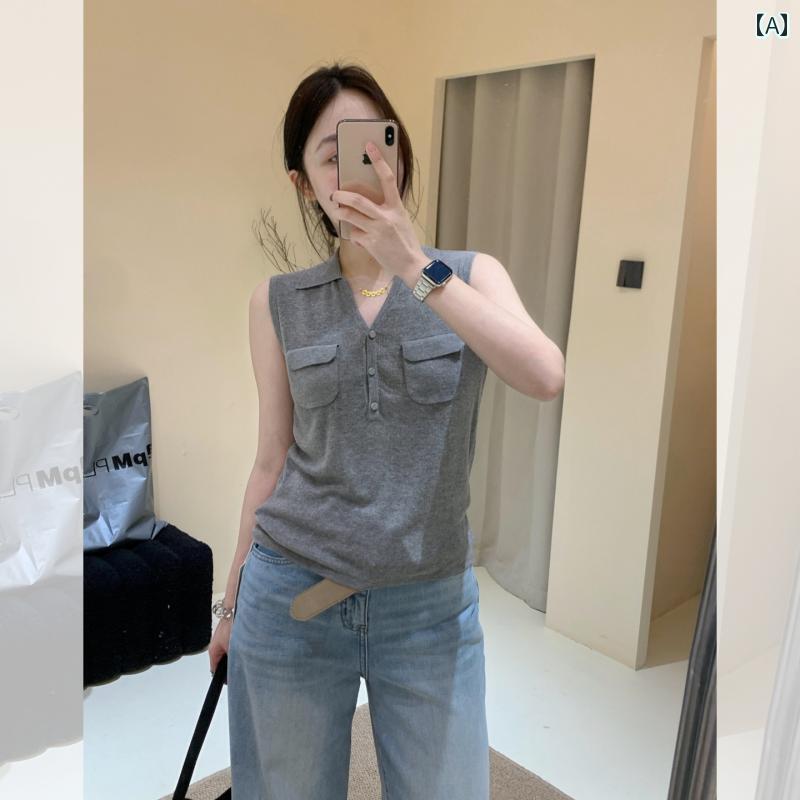 快適 ノースリーブ ニット フレンチ グレーの POLO カラー リネンニット ベスト レディース 夏用 ユニ..