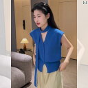 快適 ノースリーブ ニット 小さい 青い 氷の シルクニット ストレート ショルダー ノースリーブ Tシャツ 夏用 女性用 スリムフィット アウターウェア Vネ...
