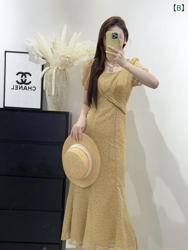 ドット 水玉 ワンピース ティーブレイク フレンチ ドット 柄 ワンピース 女性用 2025夏 スリムフィット 海辺の 休日 ロング スカート