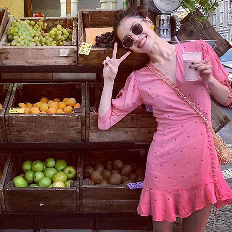 ドット 水玉 ワンピース Zhong Chuxi同 型 Vネック ホリデー スタイル ピンク キュート 水玉 フリル フ..