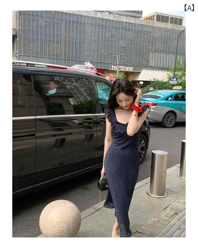 ドット 水玉 ワンピース ライチは もの フレンチ ドット 柄 ドレス スリム ウエスト ハイエンドミドル ..