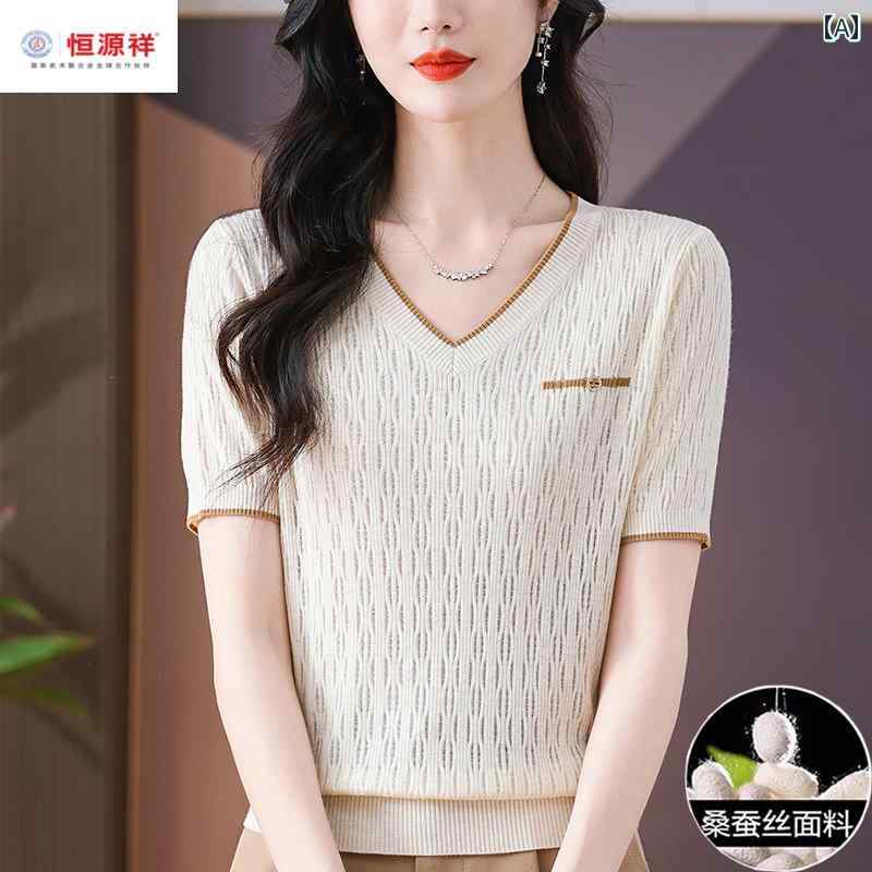 シンプル 半袖 ニット レディース マルベリー シルクの 半袖 Tシャツ レディース 夏 マザーズ お腹 カ..