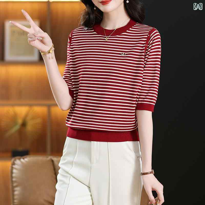 シンプル 半袖 ニット レディース 冷感 ニット 半袖 Tシャツ レディース 2025 夏 薄手 ゆったり ストラ..