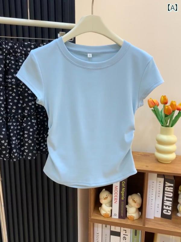 シンプル 半袖 ニット レディース ミルク ブルー ストレート ショルダー 半袖 Tシャツ レディース 夏 2..