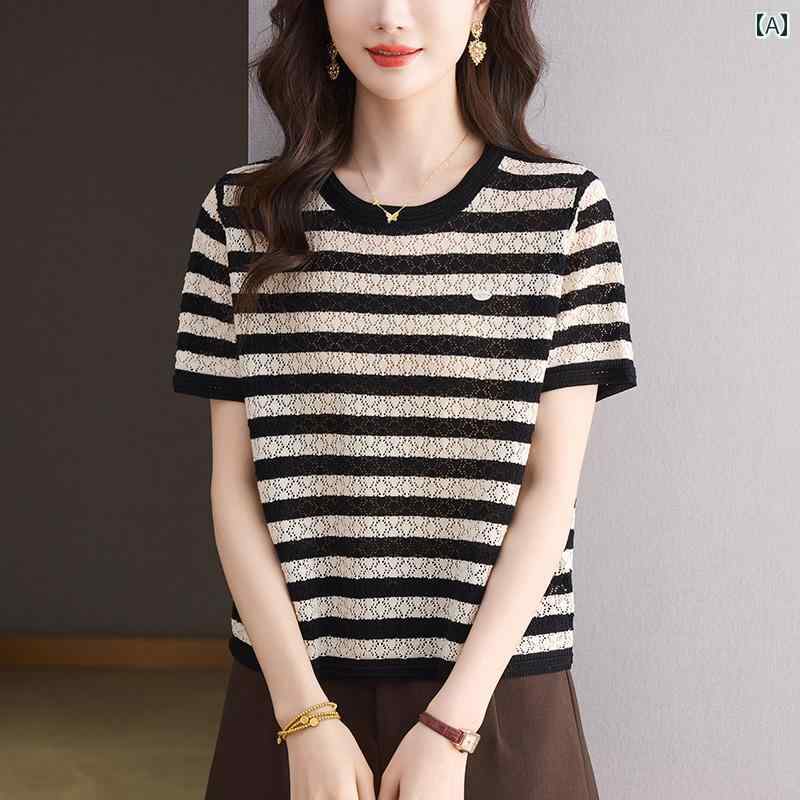 シンプル 半袖 ニット レディース ストライプ 冷感 ニット セーター Tシャツ レディース 半袖 夏 2025 ..