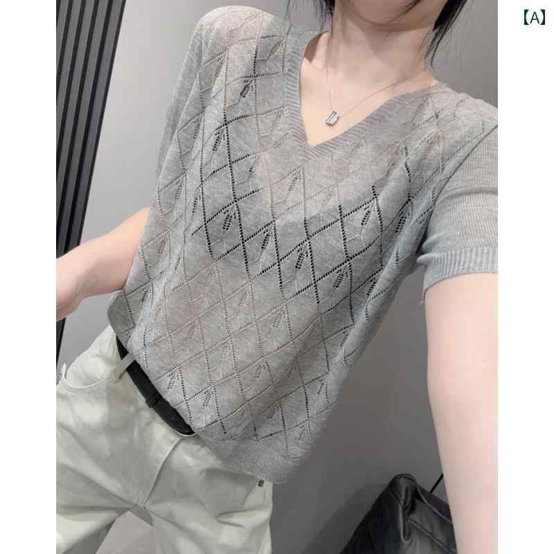 シンプル 半袖 ニット レディース 2025夏 レディース ヨーロピアン Vネック 半袖 Tシャツ 冷感 ニット ..