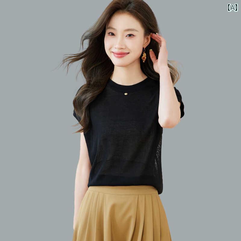 シンプル 半袖 ニット レディース 恒 元 祥 夏 桑 絹 半袖 Tシャツ レディース ゆったり 黒 薄手 丸 首..