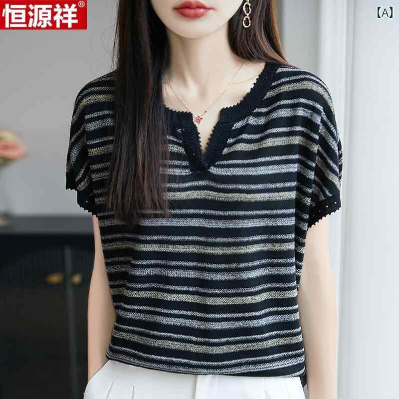トップス 半袖 ニット 恒 元 祥 桑 絹 半袖 レディース Tシャツ 夏 ゆったり 丸 首 セーター ストライ..