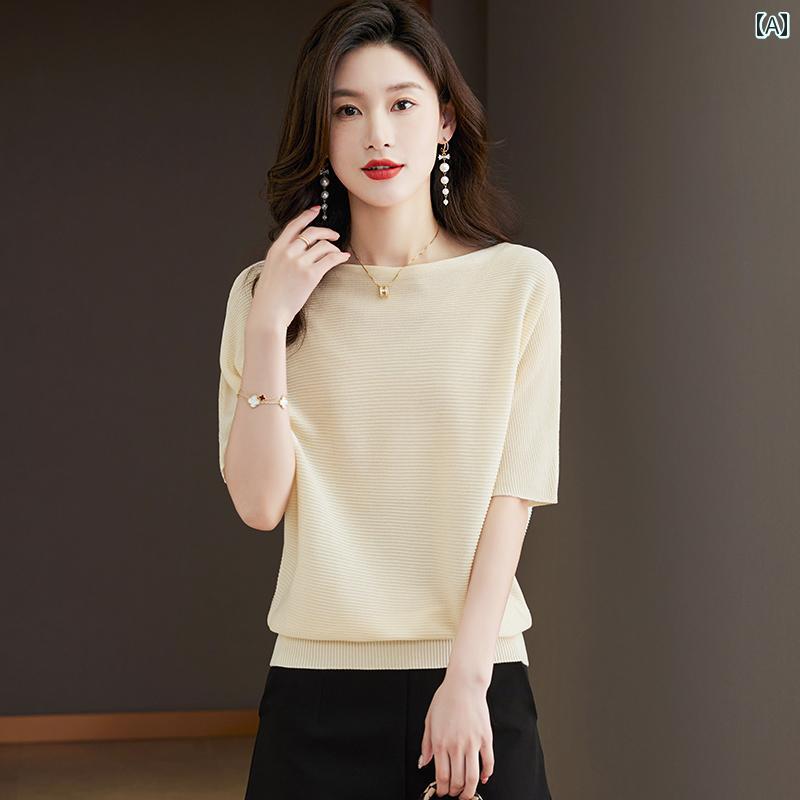 トップス 半袖 ニット バット シャツ レディース 半袖 冷感 ニット セーター 脂肪 mm カバー お腹 トッ..