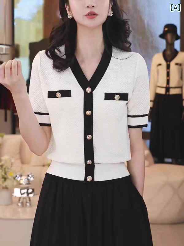 シンプル 半袖 ニット レディース 桑 絹の エレガントの スタイル Vネック ニット 半袖 レディース 夏 ..