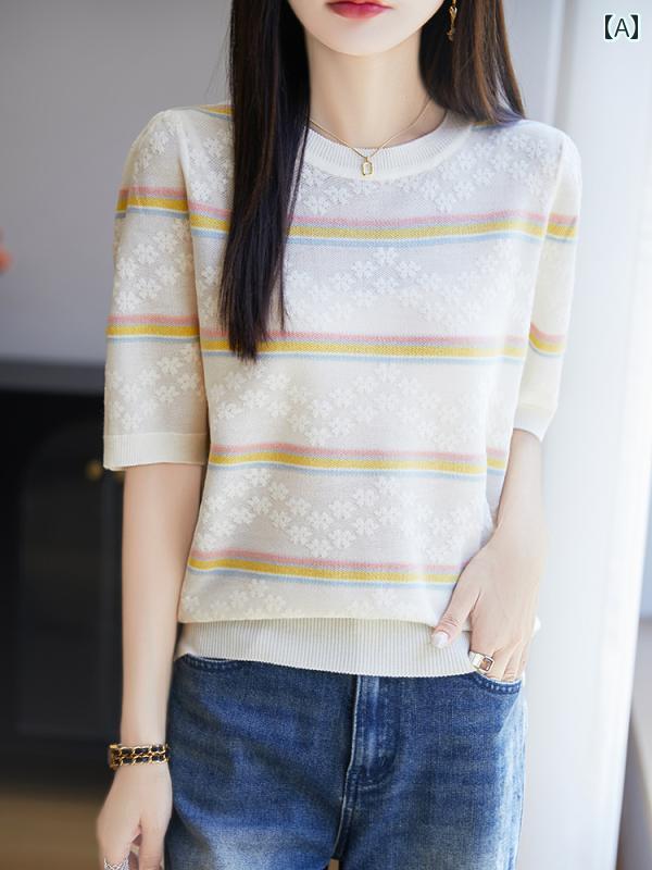 トップス 半袖 ニット モールと 同じ スタイル 2025 春夏の ニット 半袖 Tシャツと ストライプの ゆっ..