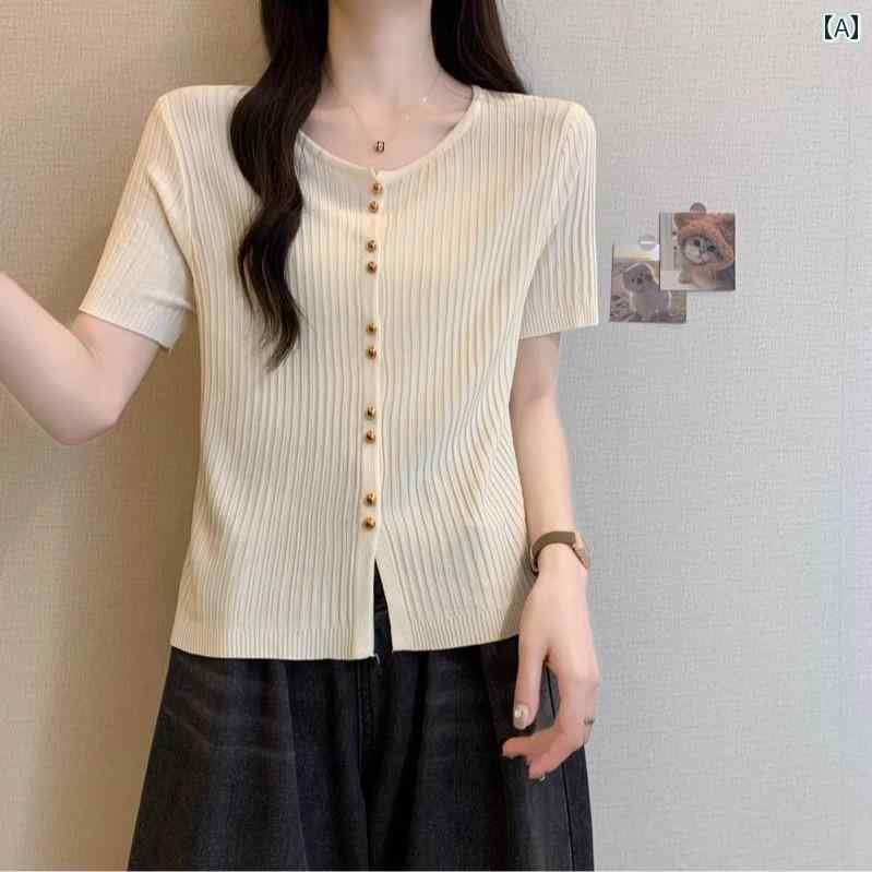 トップス 半袖 ニット ダイナミックな ゲディ ショルダー 冷感 ニット セーター トップス 夏に お腹を ..