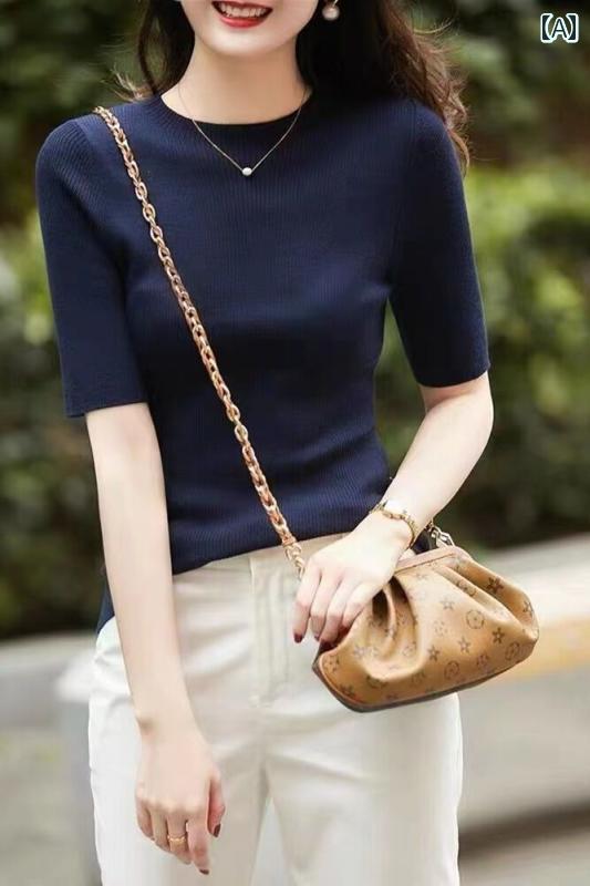 トップス 半袖 ニット Oamashi レディース 服 2025 ラウンドネックネイビー ブルー スリムフィット ボ..