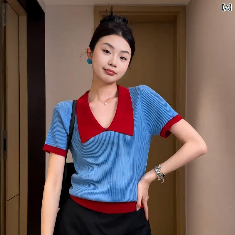 トップス 半袖 ニット 大きいサイズ 韓国 ポロ ストレート ショルダー 半袖 レディース Tシャツ新 mm ..