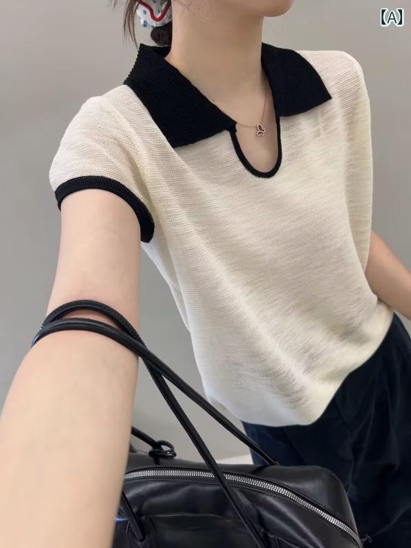 トップス 半袖 ニット 竹 麻 ポロ カラー コントラスト ニット 半袖 トップス レディース 2025夏 ファ..