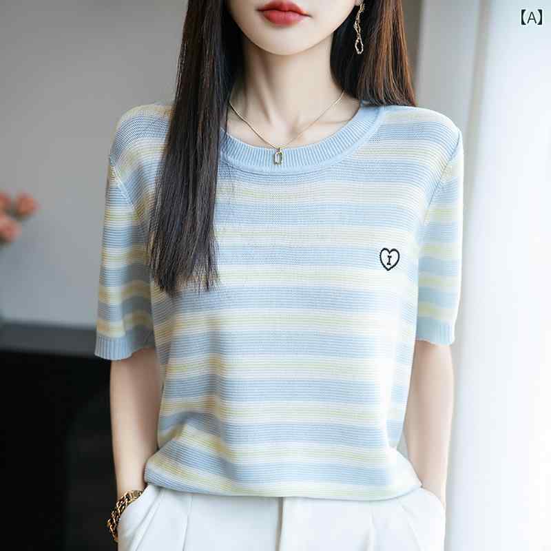 トップス 半袖 ニット 夏用 ラウンドネック コントラスト ストライプ リヨセル 半袖 Tシャツ レディース カジュアル プルオーバー ニット 薄手 トップス