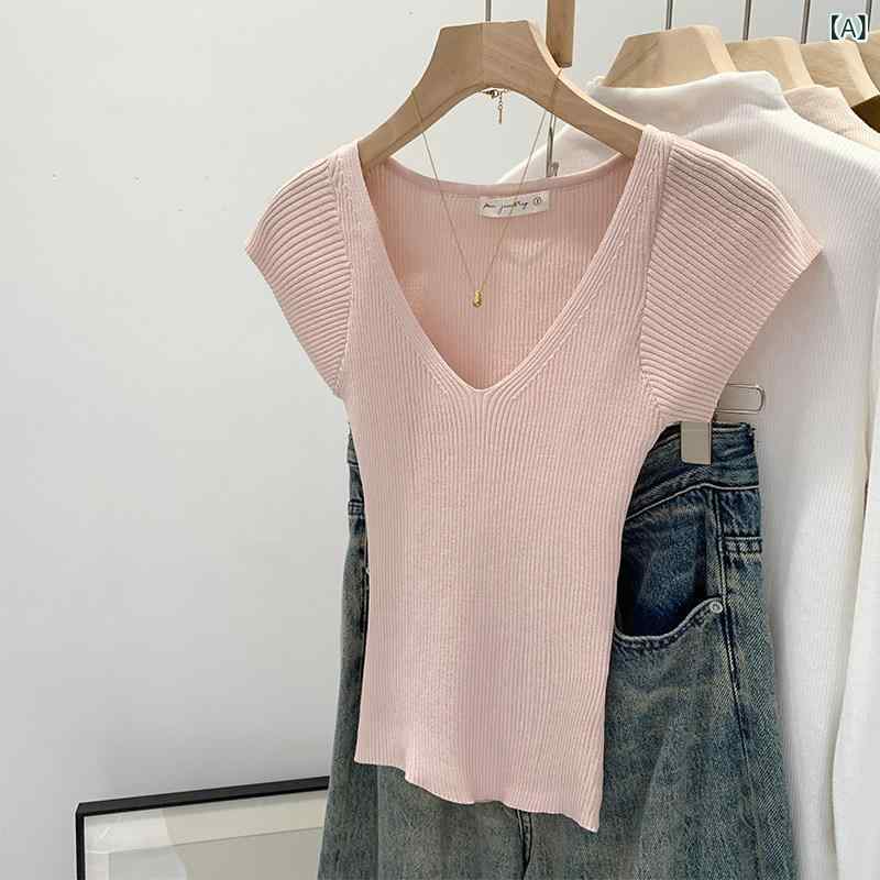 トップス 半袖 ニット 2025夏の 女性用 ピンク Vネック 半袖 セーター 韓国 美しい スリムフィット Tシャツ トップス