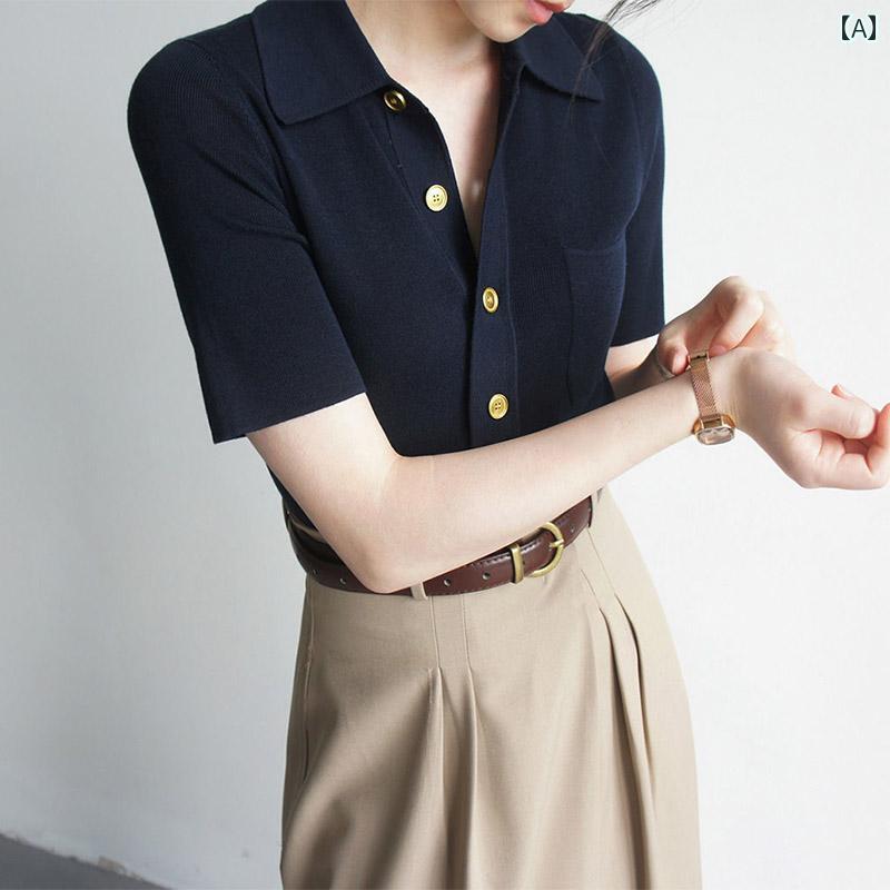 トップス 半袖 ニット Xiaoxiangの ポロ 襟 半袖 Tシャツ セーター レディース 夏 フレンチ スリミング..