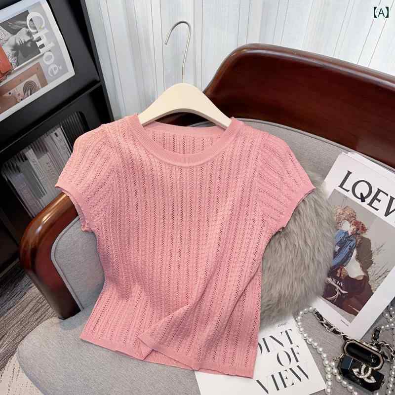 トップス 半袖 ニット ホワイト カラーの 兄弟 兄弟の 2025 夏の 冷感 セーター レディース ピンクの ..