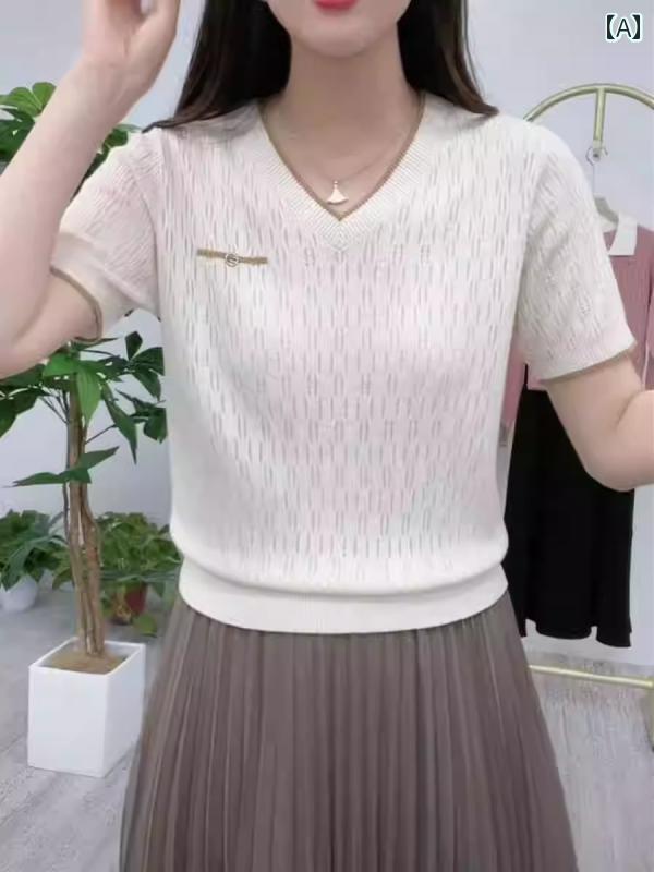 トップス 半袖 ニット 冷感 半袖 レディース 夏 無地 ニット セーター Vネック Tシャツ ゆったり スリ..