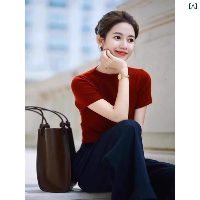 トップス 半袖 ニット 女性用 レッド ラウンドネック セーター 2025夏 スリムフィット 冷感 薄手 万能 半袖 Tシャツ トップス