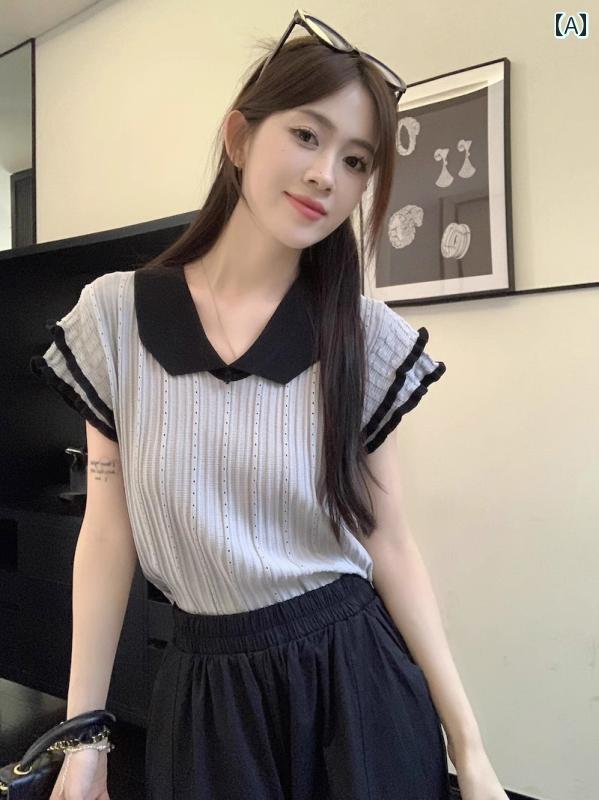 トップス 半袖 ニット 夏の 半袖 冷感 セーター 女性 Tシャツ Vネック ショート フライング スリーブ トップ