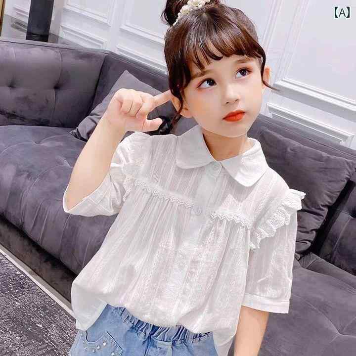 キッズ ブラウス 女の子用 女の子 半袖 シャツ 夏 プリンセス 綿 白 Mと L サイズ 子供 薄手 子供用 T..