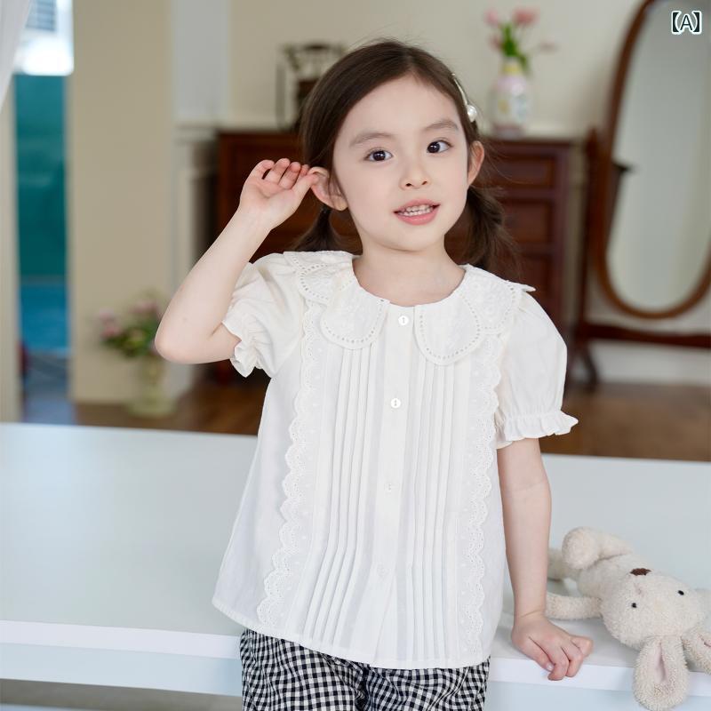 キッズ ブラウス 女の子用 夏用 100 % コットン製 女の子用 ゆったり パフスリーブシャツ。 通気性に 優れた プリンセス ベビー シャツ。で スタイリッシュな 半袖 トップス。