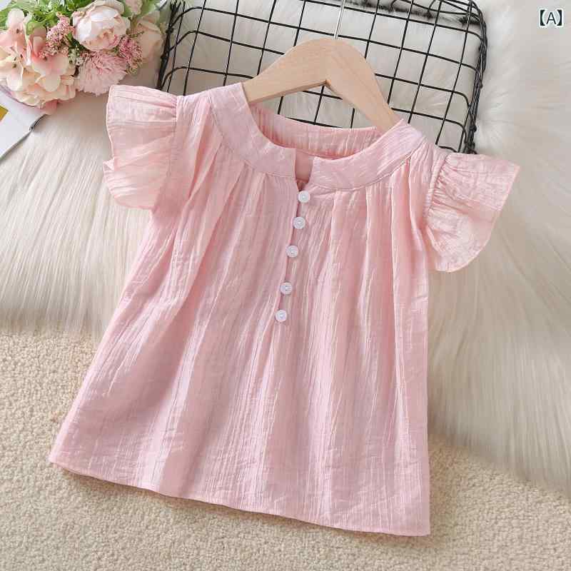 キッズ ブラウス 女の子用 女の子 半袖 シャツ 2025夏 子供用 おしゃれ ベビー 中大 サイズ 薄手の ト..