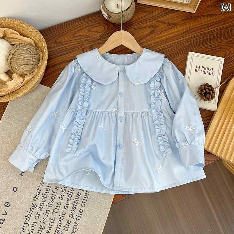 キッズ ブラウス 女の子用 女の子 長袖 コットンベビー シャツ イヤリング 付き 女性 ベビー 春秋 韓国..