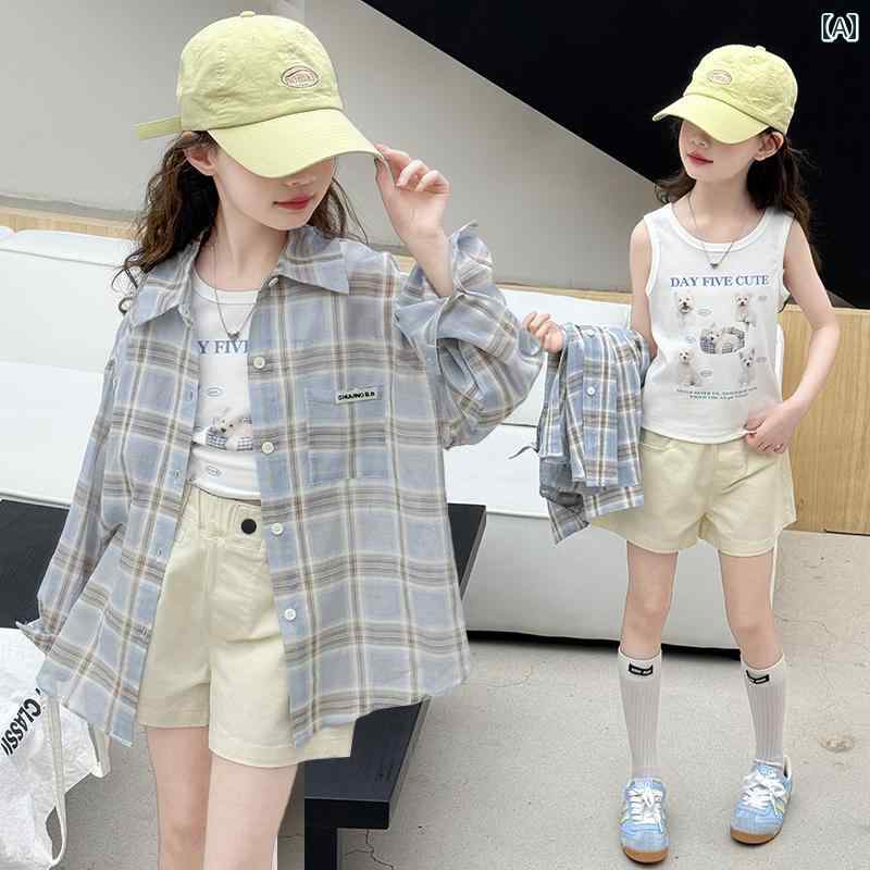 キッズ ブラウス 女の子用 女の子 シャツ 2025夏 薄手 日焼け防止 子供用 おしゃれ 夏服 長袖 チェック..